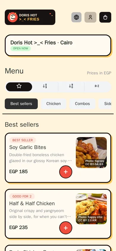 Guest ordering page on a phone, showing the menu with dish photos